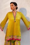 Basil Leaf_Yellow Gajji Satin Embroidered Mirror Scalloped V Kurta Sharara Set _at_Aza_Fashions