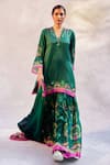 Buy_Basil Leaf_Green Gajji Satin Printed Floral Scalloped V Embroidered Kurta Set _at_Aza_Fashions