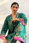 Basil Leaf_Green Gajji Satin Printed Floral Scalloped V Embroidered Kurta Set _at_Aza_Fashions