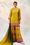 Buy_Basil Leaf_Yellow Gajji Satin Embroidered Floral Scalloped V Neckline Kurta Sharara Set _at_Aza_Fashions