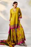 Shop_Basil Leaf_Yellow Gajji Satin Embroidered Floral Scalloped V Neckline Kurta Sharara Set _Online_at_Aza_Fashions