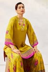 Basil Leaf_Yellow Gajji Satin Embroidered Floral Scalloped V Neckline Kurta Sharara Set _at_Aza_Fashions