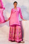 Buy_Basil Leaf_Pink Gajji Satin Printed Floral V Neck Embroidered Kurta Set _at_Aza_Fashions