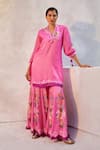 Buy_Basil Leaf_Pink Gajji Satin Printed Floral V Neck Embroidered Kurta Set _Online_at_Aza_Fashions