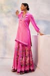 Buy_Basil Leaf_Pink Gajji Satin Printed Floral V Neck Embroidered Kurta Set 