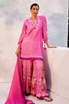 Shop_Basil Leaf_Pink Gajji Satin Printed Floral V Neck Embroidered Kurta Set 