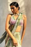 Basil Leaf_Green Chiffon Embroidered Sequin Floral Pattern Pre-draped Saree With Blouse _at_Aza_Fashions