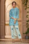 Buy_Samyukta Singhania_Blue Top  Chanderi Hand Block Printed Geometric Collared Moksh And Pant Set_at_Aza_Fashions