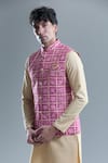 Shop_Aryavir Malhotra_Pink Soft Cotton Woven Floral Bandhani Nehru Jacket _Online_at_Aza_Fashions