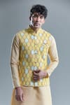 Shop_Aryavir Malhotra_Yellow Soft Cotton Woven Geometric Bandhani Nehru Jacket _Online_at_Aza_Fashions