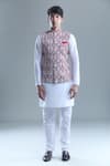 Shop_Aryavir Malhotra_Pink Soft Cotton Printed Paisley Checkered Nehru Jacket _Online_at_Aza_Fashions