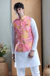 Buy_Aryavir Malhotra_Pink Soft Cotton Printed Autumn Leaf Nehru Jacket _at_Aza_Fashions