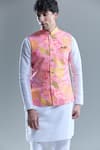 Shop_Aryavir Malhotra_Pink Soft Cotton Printed Autumn Leaf Nehru Jacket _Online_at_Aza_Fashions