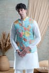 Buy_Arihant Rai Sinha_Blue Cotton Embroidery Leaf Print Nehru Jacket _at_Aza_Fashions