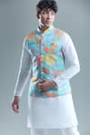 Arihant Rai Sinha_Blue Cotton Embroidery Leaf Print Nehru Jacket _Online_at_Aza_Fashions