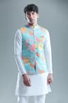 Buy_Arihant Rai Sinha_Blue Cotton Embroidery Leaf Print Nehru Jacket _Online_at_Aza_Fashions
