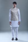 Aryavir Malhotra_Beige Jacquard Woven Paisley Nehru Jacket _at_Aza_Fashions