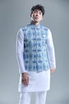 Shop_Arihant Rai Sinha_Blue Cotton Embroidery Zig Zag Print Nehru Jacket _Online_at_Aza_Fashions