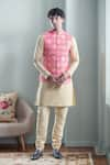 Buy_Aryavir Malhotra_Peach Kurta And Churidar Silk Embroidered Floral Woven Motif Bandi With Set _at_Aza_Fashions