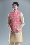 Shop_Aryavir Malhotra_Peach Kurta And Churidar Silk Embroidered Floral Woven Motif Bandi With Set _Online_at_Aza_Fashions