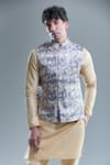 Arihant Rai Sinha Blue Jacquard, Silk Embroidery Floral Woven Bandi With Kurta Set at Aza Fashions Arihant Rai Sinha_Blue Jacquard, Silk Embroidery Floral Woven Bandi With Kurta Set _at_Aza_Fashions