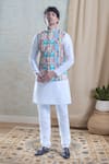 Buy_Aryavir Malhotra_Beige Kurta And Churidar Silk Printed Foil Geometric Bandi With Set _at_Aza_Fashions