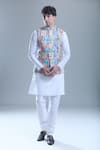 Shop_Aryavir Malhotra_Beige Kurta And Churidar Silk Printed Foil Geometric Bandi With Set _Online_at_Aza_Fashions