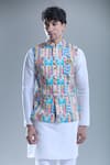 Shop_Aryavir Malhotra_Beige Kurta And Churidar Silk Printed Foil Geometric Bandi With Set 