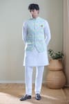 Buy_Arihant Rai Sinha_Blue Cotton, Silk Foil Printing Geometric Printed Bandi And Kurta Set _at_Aza_Fashions