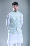 Arihant Rai Sinha_Blue Cotton, Silk Foil Printing Geometric Printed Bandi And Kurta Set _Online_at_Aza_Fashions