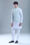Shop_Arihant Rai Sinha_Blue Cotton, Silk Foil Printing Geometric Printed Bandi And Kurta Set _Online_at_Aza_Fashions