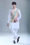 Buy_Aryavir Malhotra_Cream Kurta And Churidar Silk Printed Diagonal Stripe Detailed Bandi With Set 