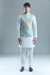 Aryavir Malhotra_Blue Kurta And Churidar Silk Printed Foil Garden Bandi With Solid Set _at_Aza_Fashions