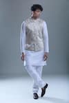 Buy_Aryavir Malhotra_Beige Kurta And Churidar Silk Embellished Paisley Motif Bandi With Set 