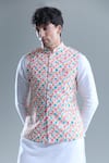 Shop_Aryavir Malhotra_Cream Kurta And Churidar Silk Printed Geometric Foil Detailed Bandi With Set _Online_at_Aza_Fashions