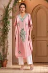 Buy_Samyukta Singhania_Pink Cotton Embroidery V-neck Resham Kaftan _at_Aza_Fashions