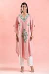Samyukta Singhania_Pink Cotton Embroidery V-neck Resham Kaftan _Online_at_Aza_Fashions