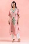 Samyukta Singhania_Pink Cotton Embroidery V-neck Resham Kaftan _at_Aza_Fashions