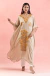 Shop_Samyukta Singhania_Cream Crepe Embroidery Resham V Neck Flower Kaftan _Online_at_Aza_Fashions