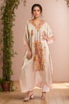 Buy_Samyukta Singhania_Cream Crepe Embroidery Thread V Neck Kaftan _at_Aza_Fashions