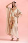 Shop_Samyukta Singhania_Cream Crepe Embroidery Thread V Neck Kaftan _at_Aza_Fashions