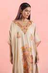 Shop_Samyukta Singhania_Cream Crepe Embroidery Thread V Neck Kaftan _Online_at_Aza_Fashions