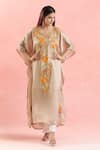 Samyukta Singhania_Cream Crepe Embroidery Resham Leaf Neck Kaftan _at_Aza_Fashions