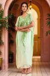 Buy_Samyukta Singhania_Green Georgette Embroidery Boat Neck Leaf Vine Kaftan_at_Aza_Fashions