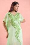 Samyukta Singhania_Green Georgette Embroidery Boat Neck Leaf Vine Kaftan_at_Aza_Fashions