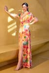 Buy_Mandira Wirk_Multi Color Chiffon Print Blossom Plunging V Neck Pleated Maxi Dress _at_Aza_Fashions