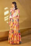 Shop_Mandira Wirk_Multi Color Chiffon Print Blossom Plunging V Neck Pleated Maxi Dress _at_Aza_Fashions