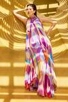 Buy_Mandira Wirk_Purple Chiffon Print Abstract Geometric Halter Neck Asymmetric Maxi Dress _at_Aza_Fashions