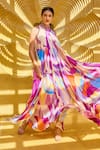 Mandira Wirk_Purple Chiffon Print Abstract Geometric Halter Neck Asymmetric Maxi Dress _Online_at_Aza_Fashions