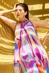 Shop_Mandira Wirk_Purple Chiffon Print Abstract Geometric Halter Neck Asymmetric Maxi Dress _Online_at_Aza_Fashions